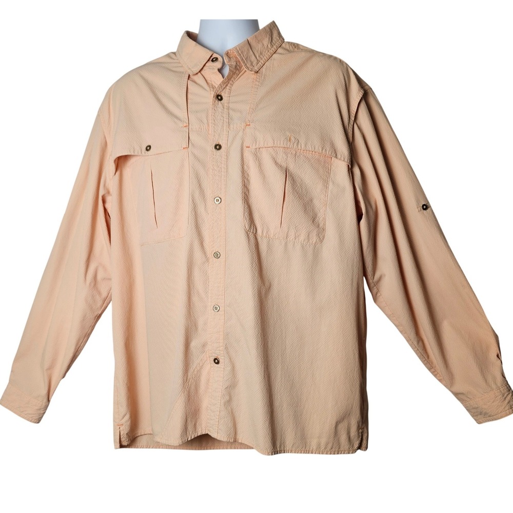 Orvis Mens XL Fishing Shirt Orange Gingham Vented Long Sleeve Roll Tab Quick Dry